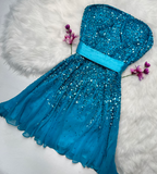 Ndyad Strapless Sheath Beaded Chiffon Short Prom Dresses, Blue Homecoming Dresses HZ1024
