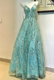 Ndyad Blue Spaghetti Strap A-Line Long Prom Dresses, Backless Formal Dresses HZ1024