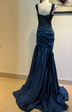 Ndyad Sweetheart Mermaid Satin Sequin Long Prom Dresses, Navy Blue Formal Evening Dresses HZ1024