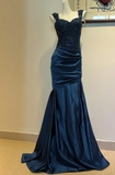 Ndyad Sweetheart Mermaid Satin Sequin Long Prom Dresses, Navy Blue Formal Evening Dresses HZ1024