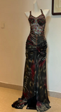Ndyad V neck Sheath Satin Beaded Long Prom Dresses, Pleated Formal Evening Dresses HZ1024