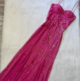 Ndyad Spaghetti Strap Sheath Beaded Chiffon Long Prom Dresses, Hot Pink Formal Evening Dresses HZ1024