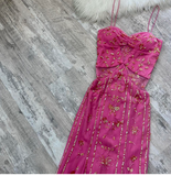 Ndyad Spaghetti Strap Sheath Beaded Chiffon Long Prom Dresses, Hot Pink Formal Evening Dresses HZ1024