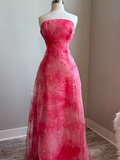 Ndyad Strapless A-Line Printed Tulle Long Prom Dresses, Pink Formal Evening Dresses HZ1024