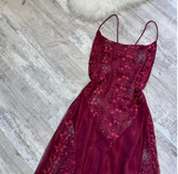 Ndyad Spaghetti Straps Sheath Chiffon Embroidery Applique Long Prom Dresses, Rust Red Formal Evening Dresses HZ1024