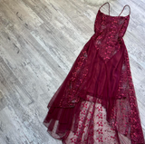 Ndyad Spaghetti Straps Sheath Chiffon Embroidery Applique Long Prom Dresses, Rust Red Formal Evening Dresses HZ1024