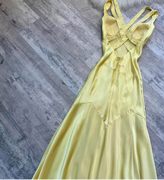 Ndyad A-Line Yellow Formal Dresses, V Neck A-Line Long Guest Dresses, Open Back Evening Gowns HZ1024