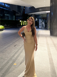 Ndyad Halter Sheath Satin Long Prom Dresses, Champagne Formal Evening Dresses HZ1024