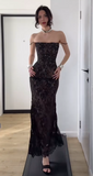 Ndyad Spaghetti Straps Lace Birthday Dresses Sheath Long Prom Dresses, Black Formal Evening Dresses HZ1024