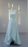Ndyad Strapless A-line Satin Long Prom Dresses, Pale Blue Formal Evening Dresses HZ1024