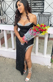 Ndyad Off Shoulder Sheath Sequined Long Prom Dresses With Slit, Black Formal Dresses HZ1024