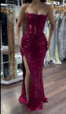 Ndyad Strapless Sheath Sequined Long Prom Dresses, Hot Pink Evening Dresses HZ1024