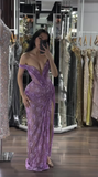 Ndyad Off-Shoulder Sheath Tulle Applique Long Prom Dresses, Purple Evening Dresses with Slit HZ1024