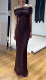 Ndyad Off-Shoulder Sheath Lace New Year Prom Dresses, Chocolate Evening Dresses HZ1024