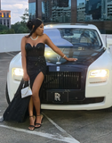 Ndyad Sweetheart Neck Sheath Tulle Prom Dresses With Slit, Black Evening Dresses HZ1024