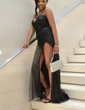Ndyad Sweetheart Neck Sheath Tulle Prom Dresses With Slit, Black Evening Dresses HZ1024