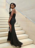 Ndyad Sweetheart Neck Sheath Tulle Prom Dresses With Slit, Black Evening Dresses HZ1024
