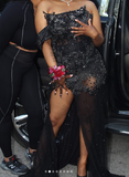 Ndyad Off-Shoulder Sheath Tulle Appliqued Long Prom Dresses With Slit, Black Evening Dresses HZ1024