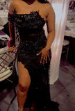 Ndyad Off-Shoulder Sheath Tulle Appliqued Long Prom Dresses With Slit, Black Evening Dresses HZ1024