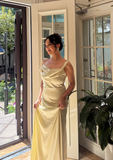 Ndyad Satin Sheath Wedding Guest Dresses, Pale Yellow Evening Dresses HZ1024