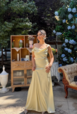 Ndyad Satin Sheath Wedding Guest Dresses, Pale Yellow Evening Dresses HZ1024