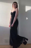 Ndyad Spaghetti Strap Sheath Chiffon Prom Dresses, Black Formal Dresses HZ1024