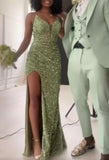 Ndyad Spaghetti Straps Sheath Sequins Long Green Prom Dresses with Slit HZ1024