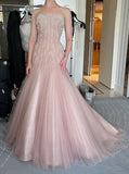 Ndyad Strapless Mermaid Tulle Prom Dresses Blush Pink Long Evening Dresses HZ1024