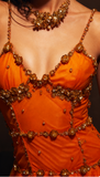 Ndyad Spaghetti Straps Sheath Beaded Tulle Prom Dresses Orange Long Evening Dresses HZ1024