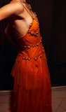 Ndyad Spaghetti Straps Sheath Beaded Tulle Prom Dresses Orange Long Evening Dresses HZ1024