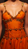 Ndyad Spaghetti Straps Sheath Beaded Tulle Prom Dresses Orange Long Evening Dresses HZ1024