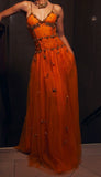 Ndyad Spaghetti Straps Sheath Beaded Tulle Prom Dresses Orange Long Evening Dresses HZ1024