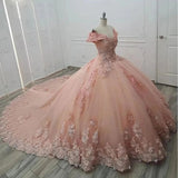 Ndyad Off-the-shoulder Ball Gown Tulle Applique Long Prom Dresses Quinceanera Dresses Pink Sweet 16 Dresss HZ1024