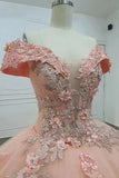 Ndyad Off-the-shoulder Ball Gown Tulle Applique Long Prom Dresses Quinceanera Dresses Pink Sweet 16 Dresss HZ1024