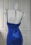 Ndyad Spaghetti Strap Sheath Sequin Long Prom Dresses Blue Formal Evening Dresses HZ1024