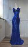 Ndyad Spaghetti Strap Sheath Sequin Long Prom Dresses Blue Formal Evening Dresses HZ1024