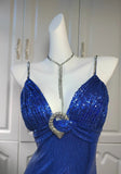 Ndyad Spaghetti Strap Sheath Sequin Long Prom Dresses Blue Formal Evening Dresses HZ1024