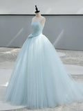 Evafashion Satin Tulle Blue Long Prom Dress, Blue Long Formal Dress HZ1024