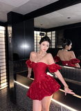 Ndyad Off-the-shoulder Velvet Short Ball Gown Red New Year's Eve Dress Homecoming Dresses HZ1024
