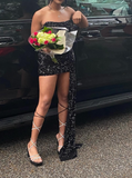 Ndyad Sequin Birthday Dresses Strapless Bodycon Chiffon Short Prom Dresses Sequin Birthday Dresses Black Homecoming Dresses HZ1024