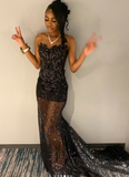 Ndyad Strapless Sheath Long Prom Dresses with Appliques Tulle Black Formal Dresses HZ1024