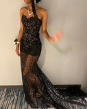 Ndyad Strapless Sheath Long Prom Dresses with Appliques Tulle Black Formal Dresses HZ1024