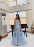 Ndyad Blue Formal Dresses Strapless Satin Long Prom Dresses Sheath Evening Dresses HZ1024
