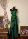 Ndyad Green Formal Dresses Spaghetti Straps Ruffles Long Prom Dresses Sheath Evening Dresses HZ1024