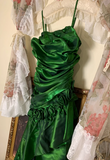 Ndyad Green Formal Dresses Spaghetti Straps Ruffles Long Prom Dresses Sheath Evening Dresses HZ1024