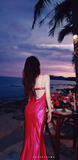 Ndyad Hot Pink Long Formal Dresses, Spaghetti Strap Mermaid Prom Dresses, Open Back Evening Dresses HZ1024