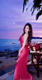 Ndyad Hot Pink Long Formal Dresses, Spaghetti Strap Mermaid Prom Dresses, Open Back Evening Dresses HZ1024