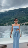 Ndyad Blue Long Formal Dresses, Strapless Pleated Prom Dresses, Sheath Evening Dresses HZ1024