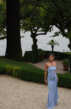 Ndyad Blue Long Formal Dresses, Strapless Pleated Prom Dresses, Sheath Evening Dresses HZ1024