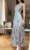 Ndyad Spaghetti Strap Sheath Long Prom Dresses Chiffon Formal Dresses HZ1024